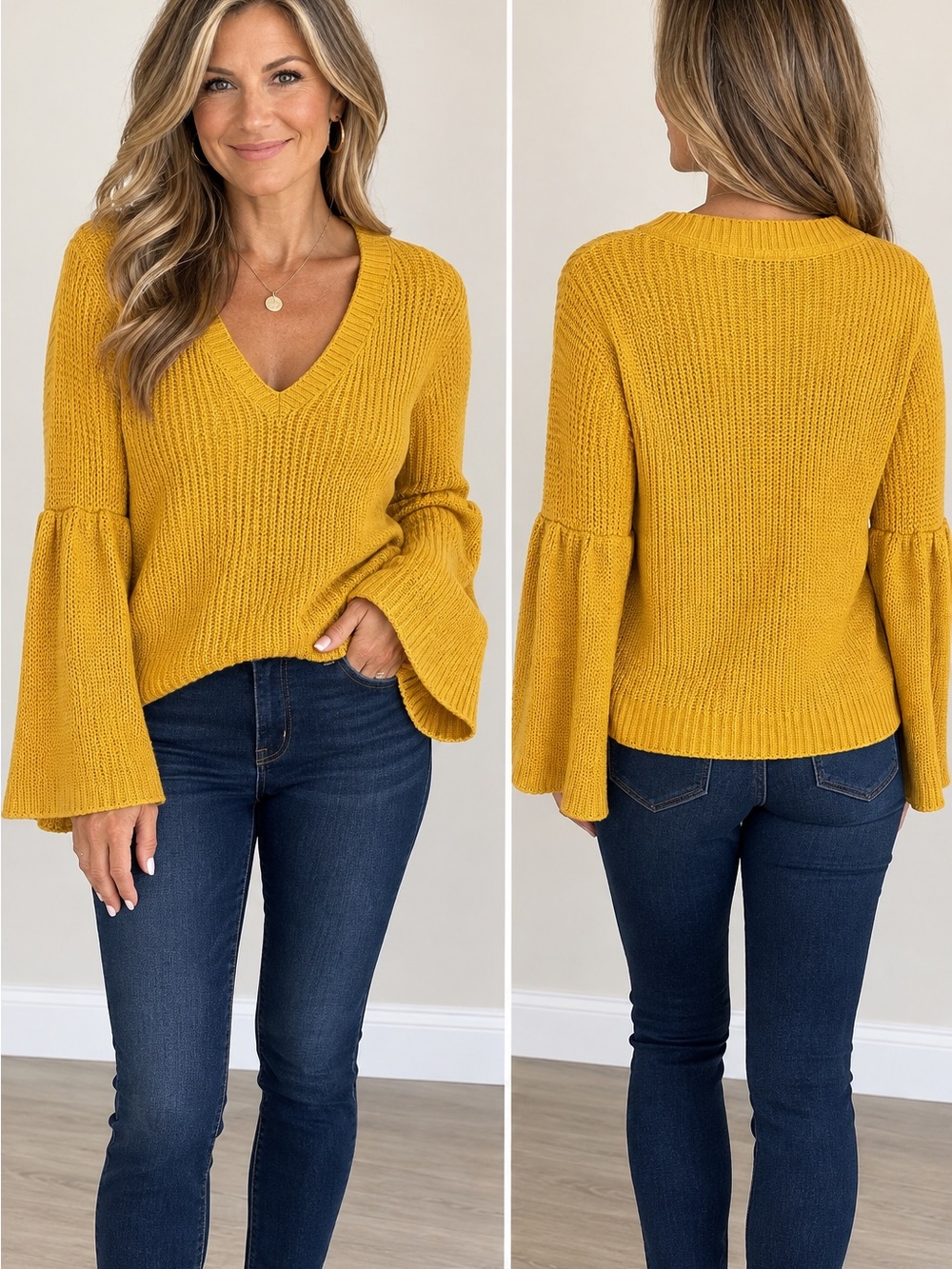THML Mustard Bell-Sleeve V-Neck Sweater